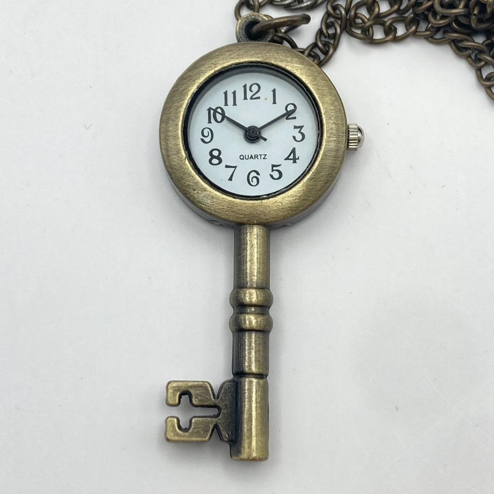 Modern Pendant Necklace Watch Brass Tone Key White Dial w/Chain 23mm New Battery